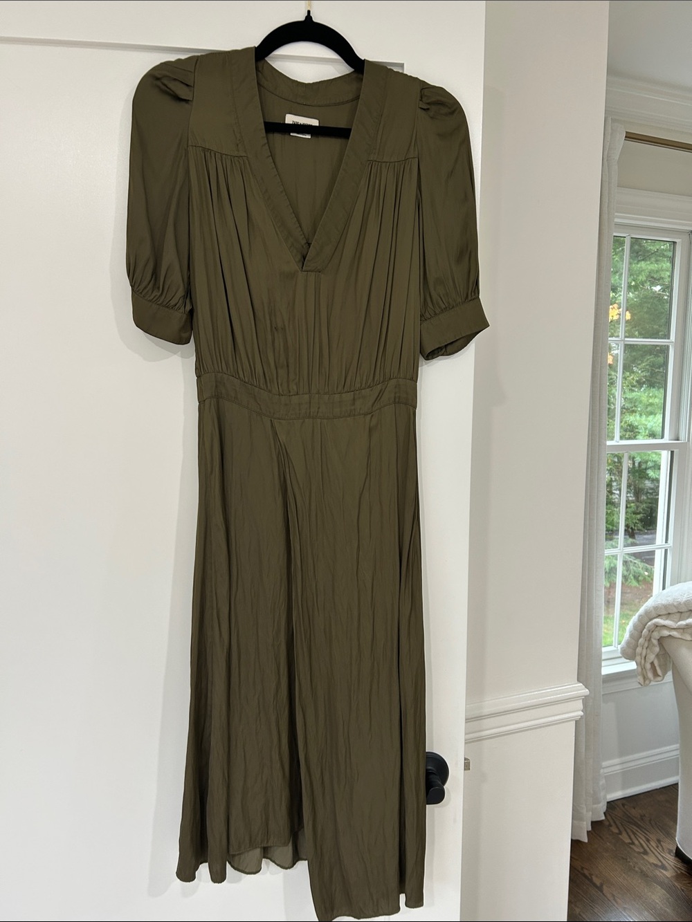 Zadig & Voltaire Olive Green V-Neck Midi Dress with Puff Sleeves